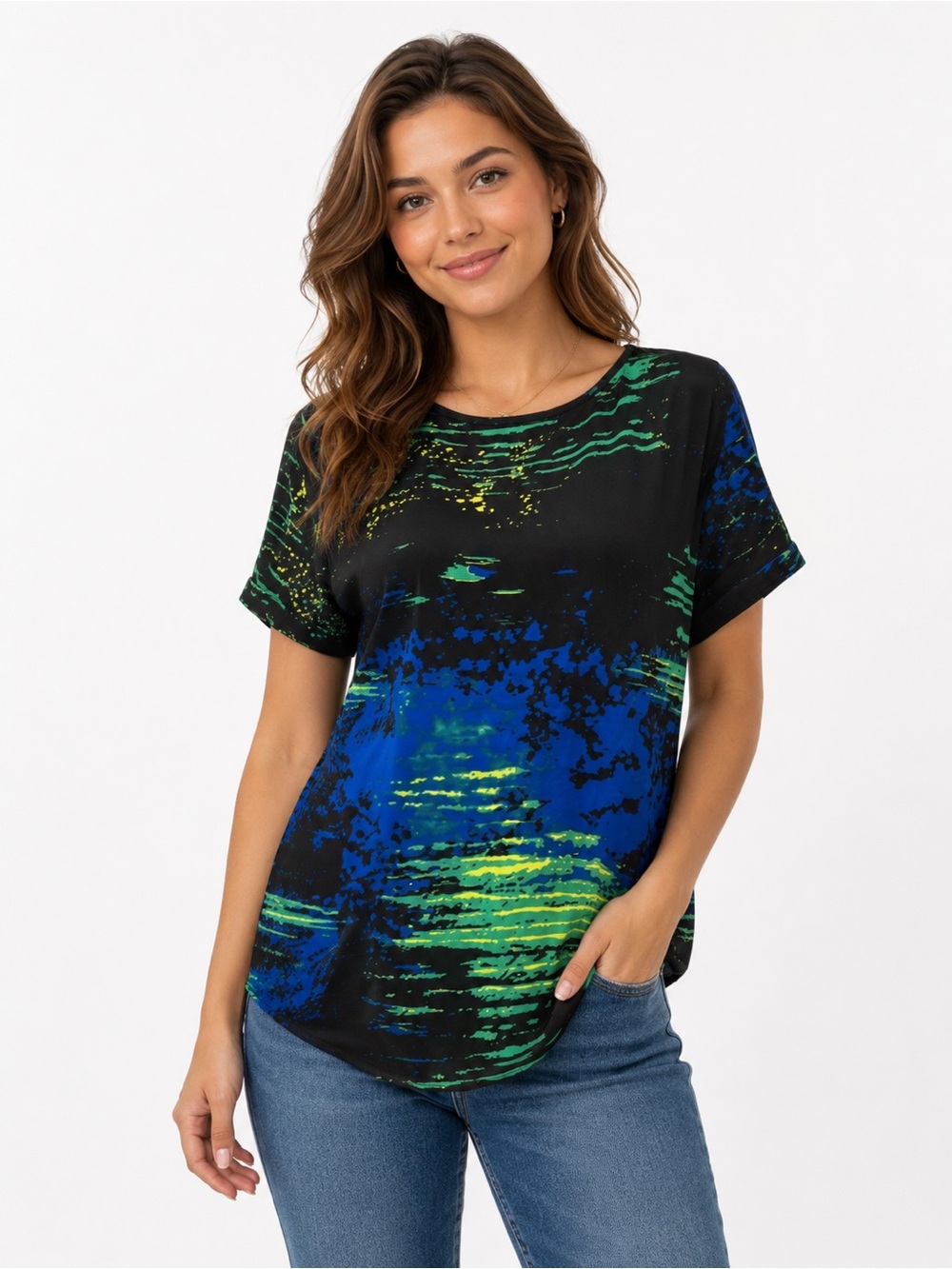 Abstract Print Short Sleeve Tunic Top - Blue, Green, and Black